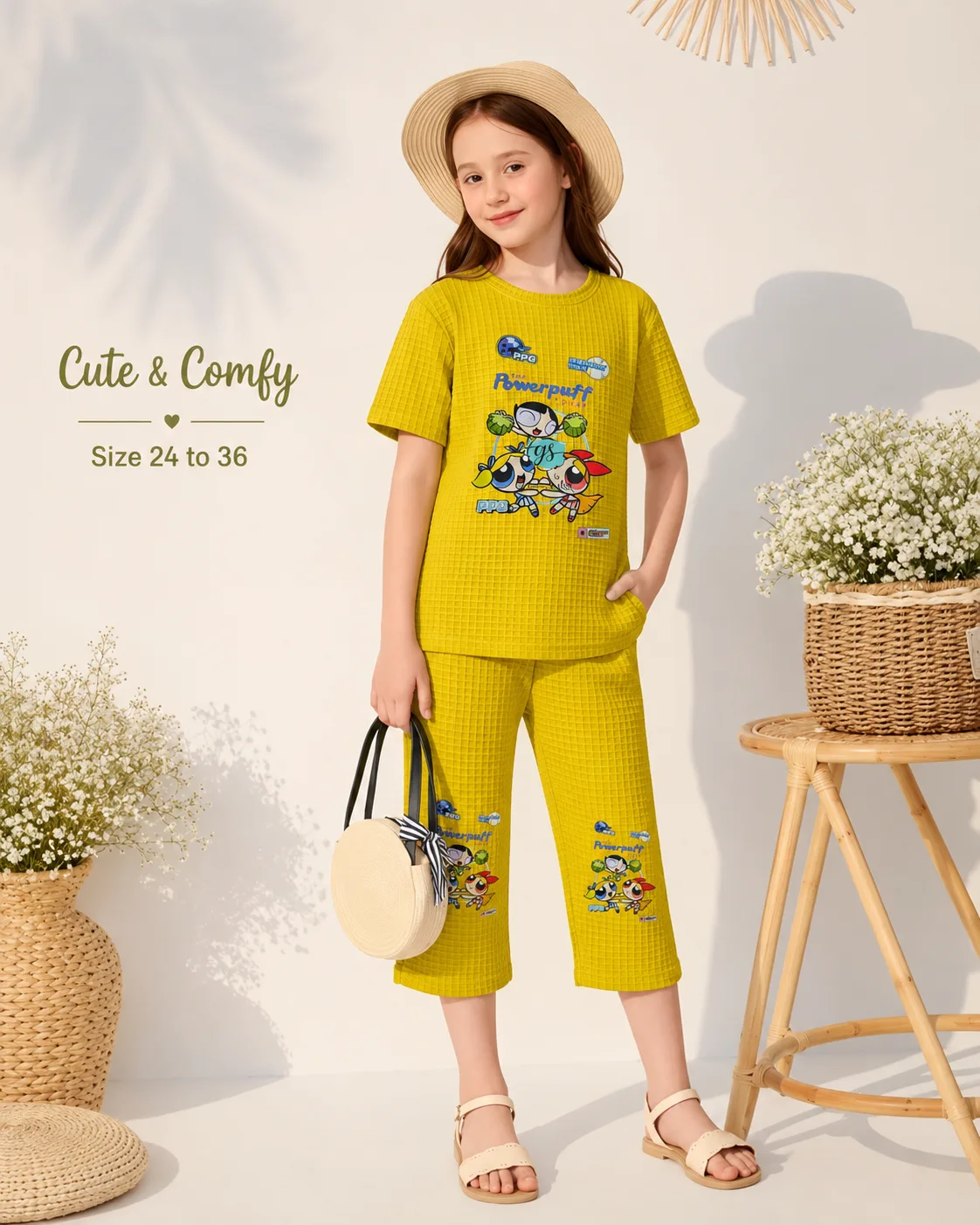 Girls Mustard Yellow Cartoon Printed Night Suit Set | T-Shirt & Pajama