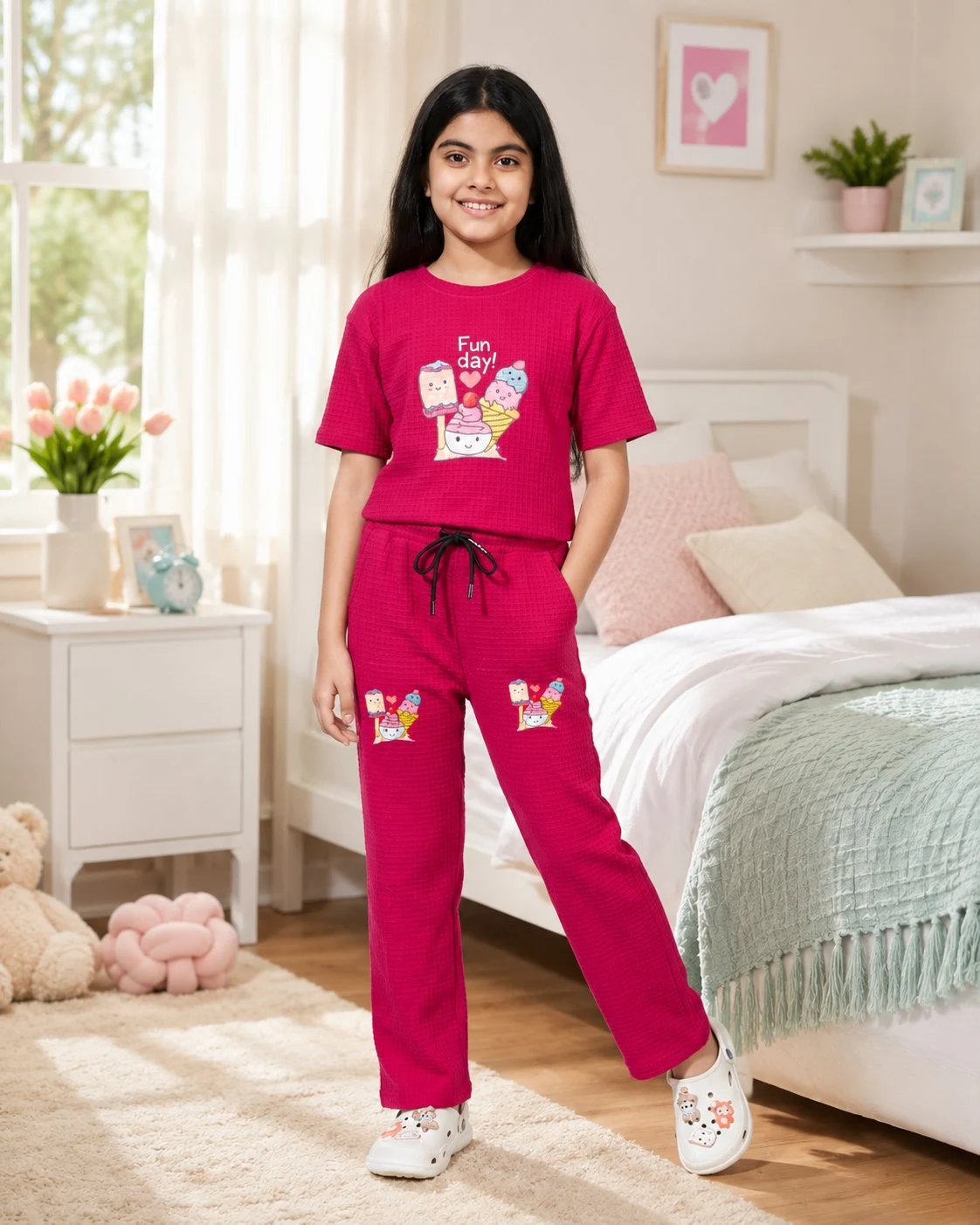 Girls Magenta Pink Printed Night Suit Set | T-Shirt & Full-Length Pajama