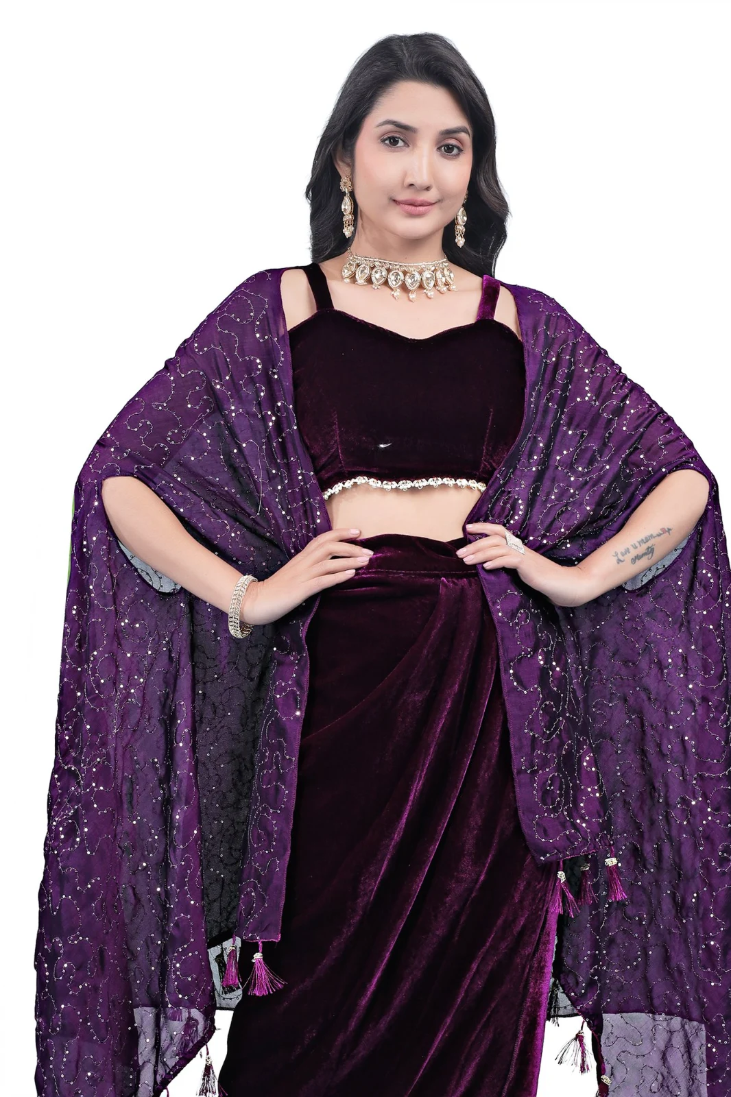 Women’s Wine Purple Velvet Dhoti Choli Set with Vichitra Sequin Dupatta | Festive Wedding Wear