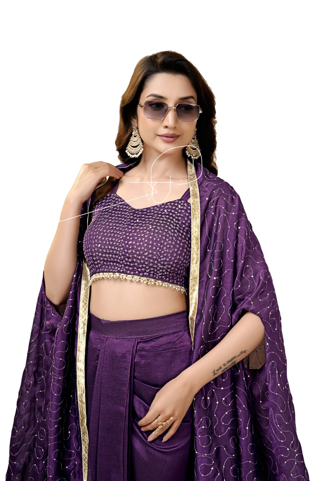 Women’s Wine Vichitra Silk Dhoti Choli Set with Floral Sequin Shrug | Wedding & Party Wear