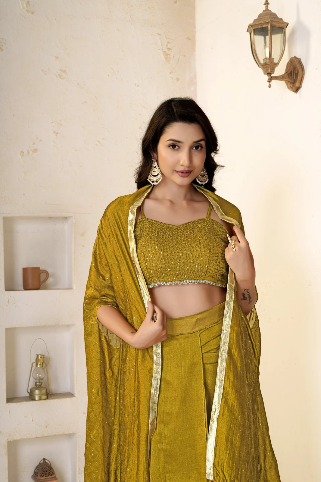 Women’s Mustard Velvet Dhoti Choli Set with Sequin Shrug | Haldi, Garba & Wedding Wear