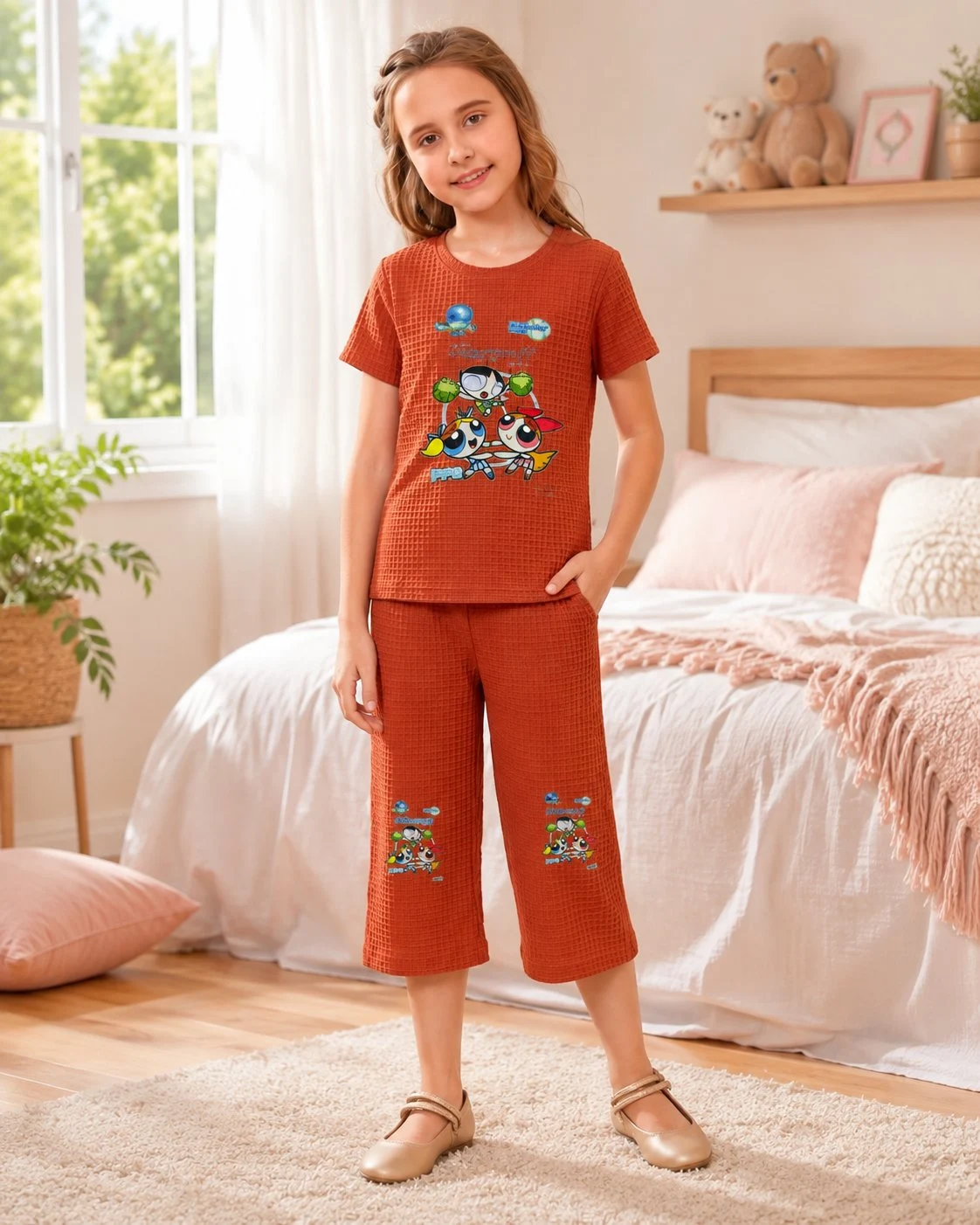 Girls Rust Orange Cartoon Printed Nightwear Set | T-Shirt & Capri Pajama