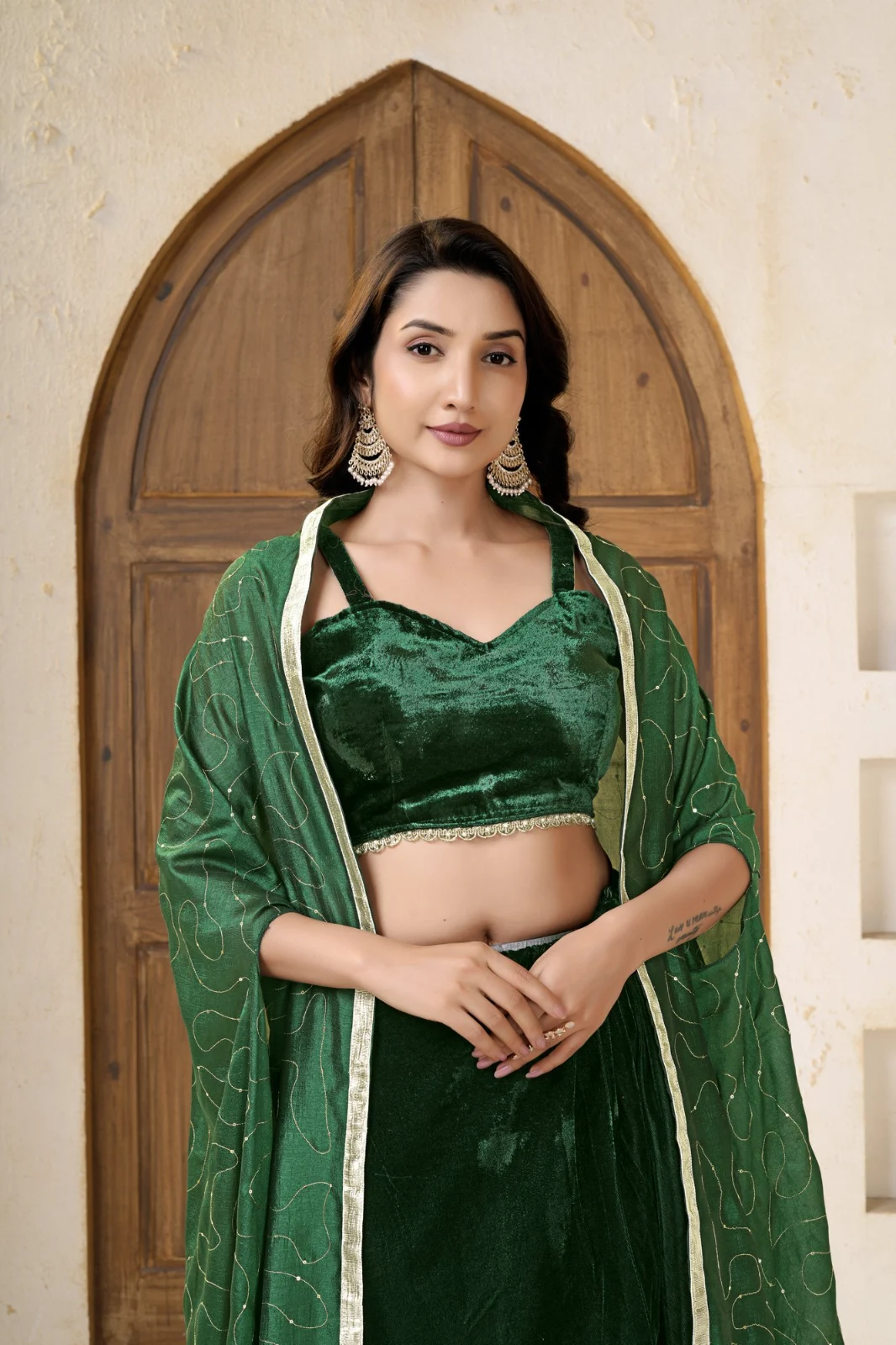 Women’s Green Velvet Dhoti Choli Set with Embroidered Sequin Shrug | Navratri & Wedding Wear