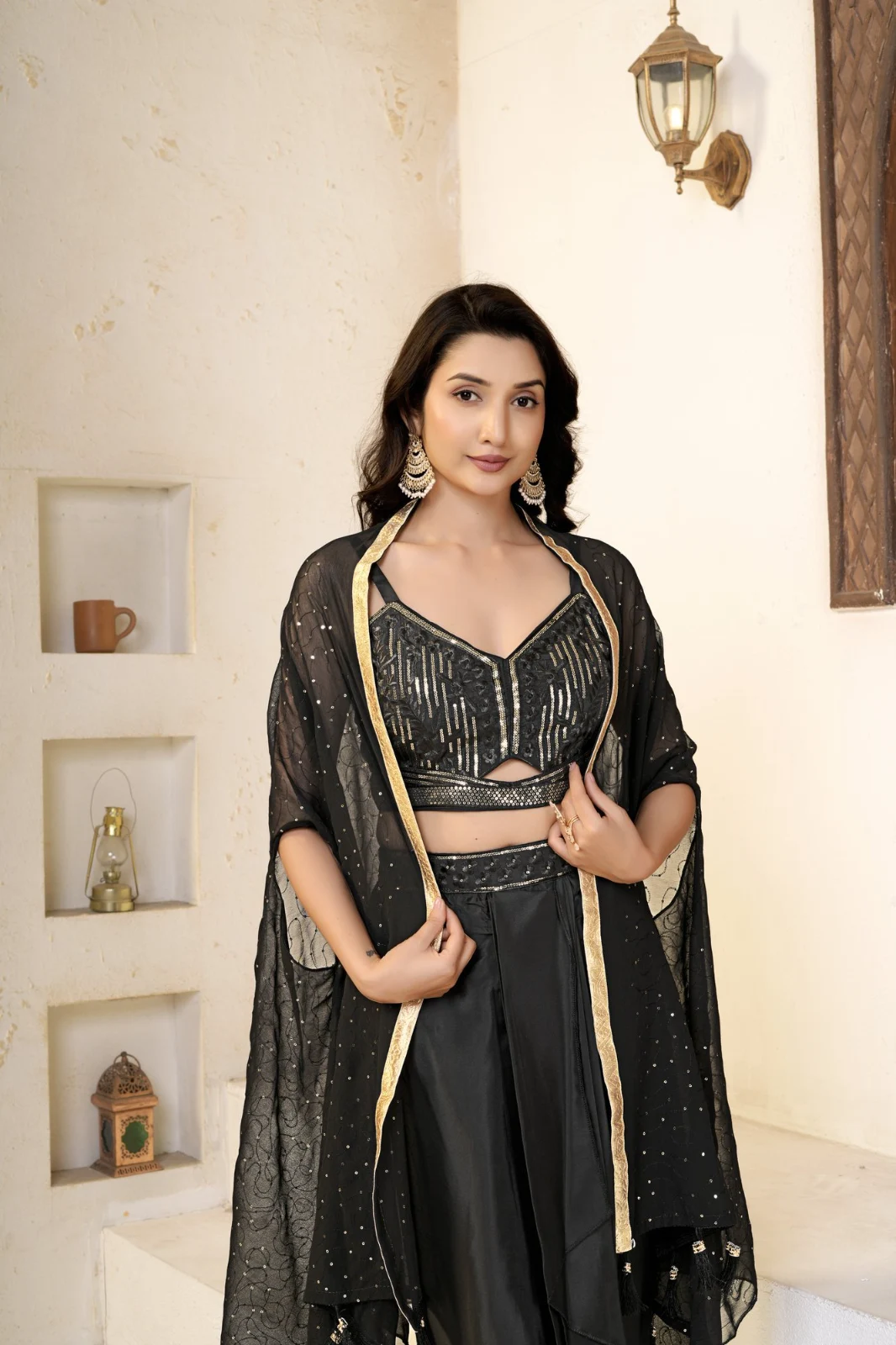 Women’s Black Velvet Dhoti Choli Set with Sequin Cape Shrug | Garba, Wedding & Party Wear