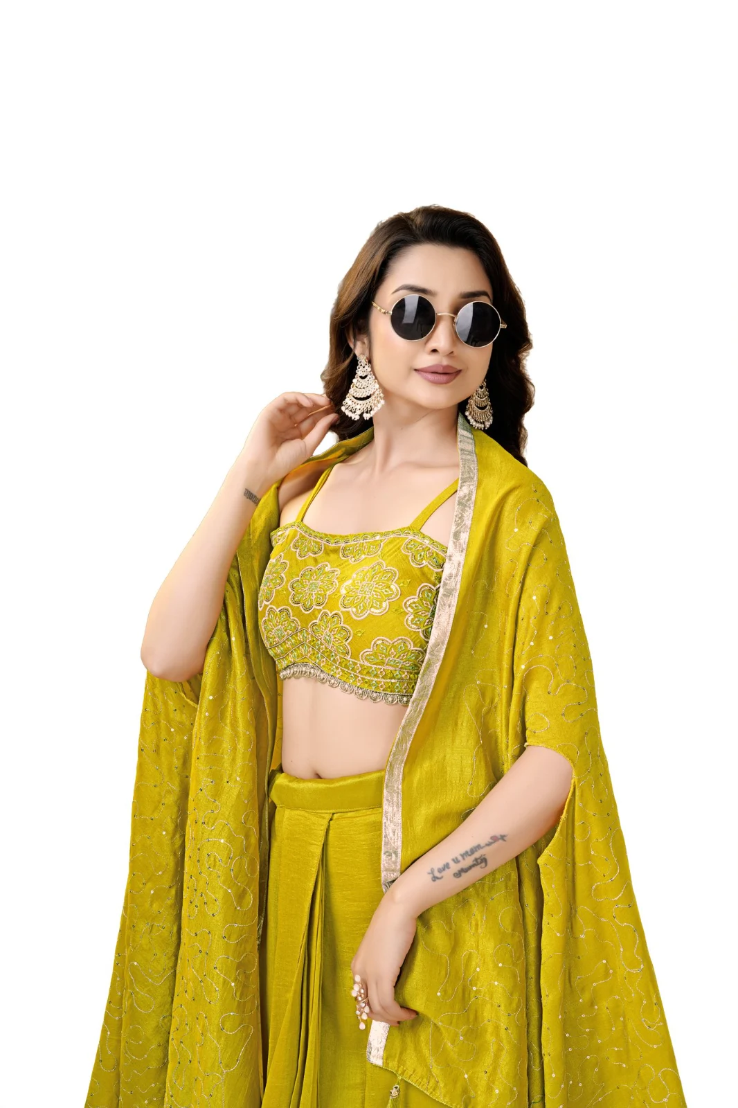 Women’s Yellow Vichitra Silk Dhoti Choli Set with Floral Sequin Shrug | Haldi & Festive Wear