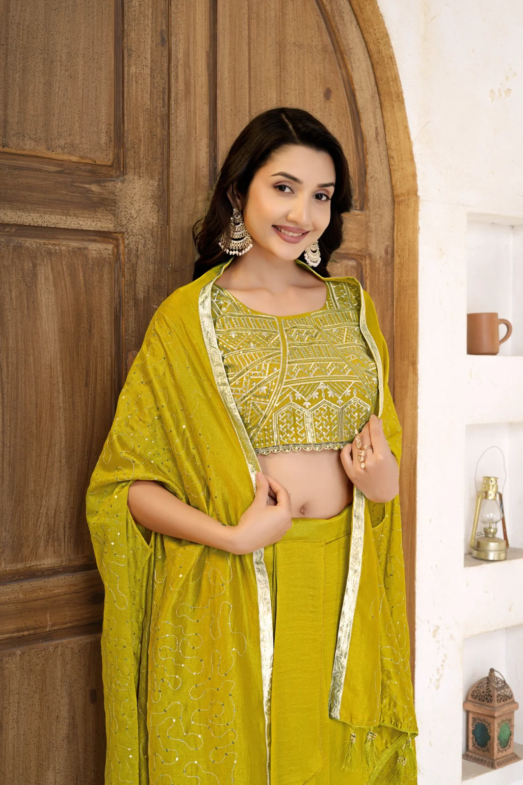 Women’s Yellow Velvet Dhoti Choli Set with Sequin Shrug | Navratri, Garba & Wedding Wear