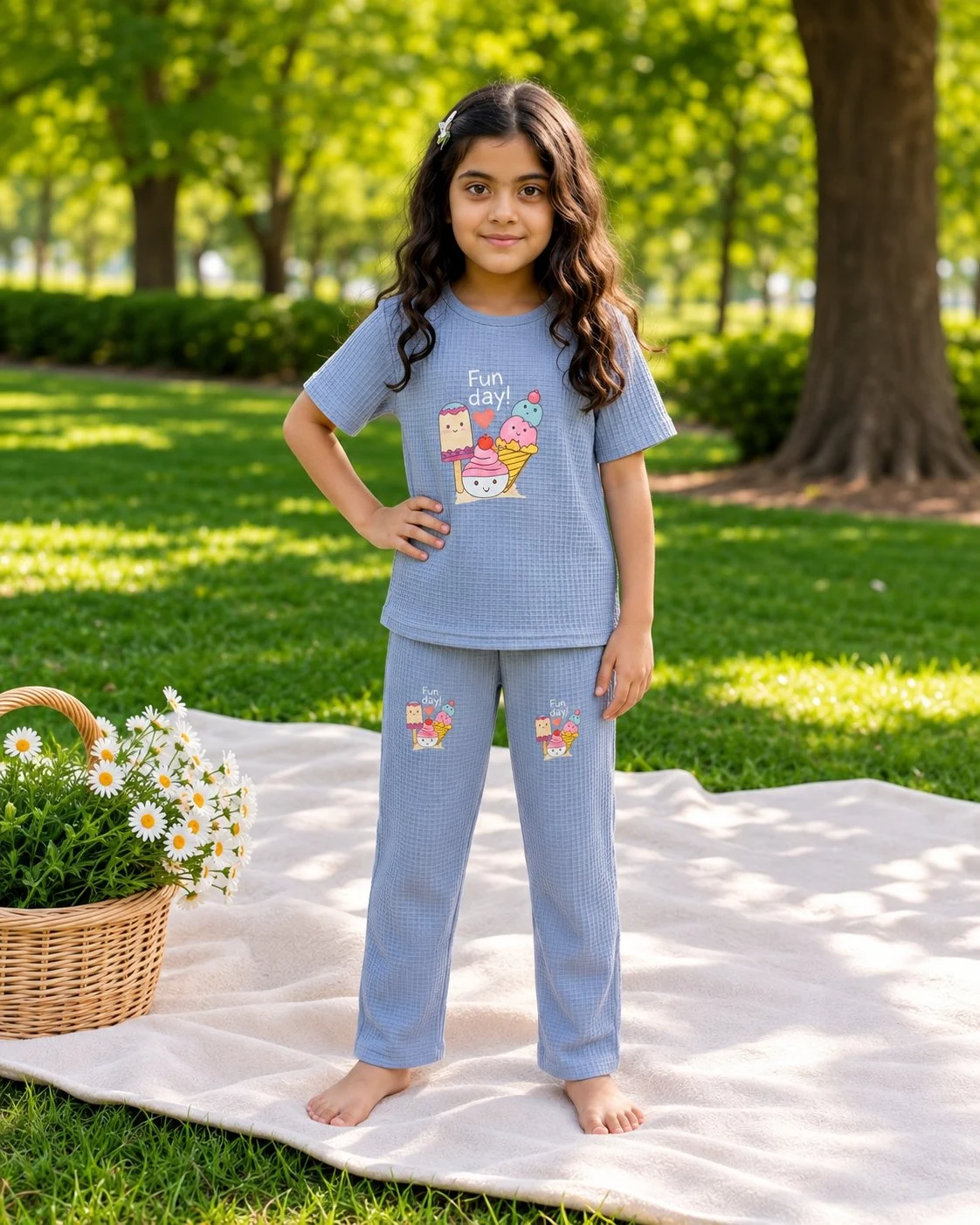 Girls Sky Blue Printed Nightwear Set | Half-Sleeve T-Shirt & Pajama