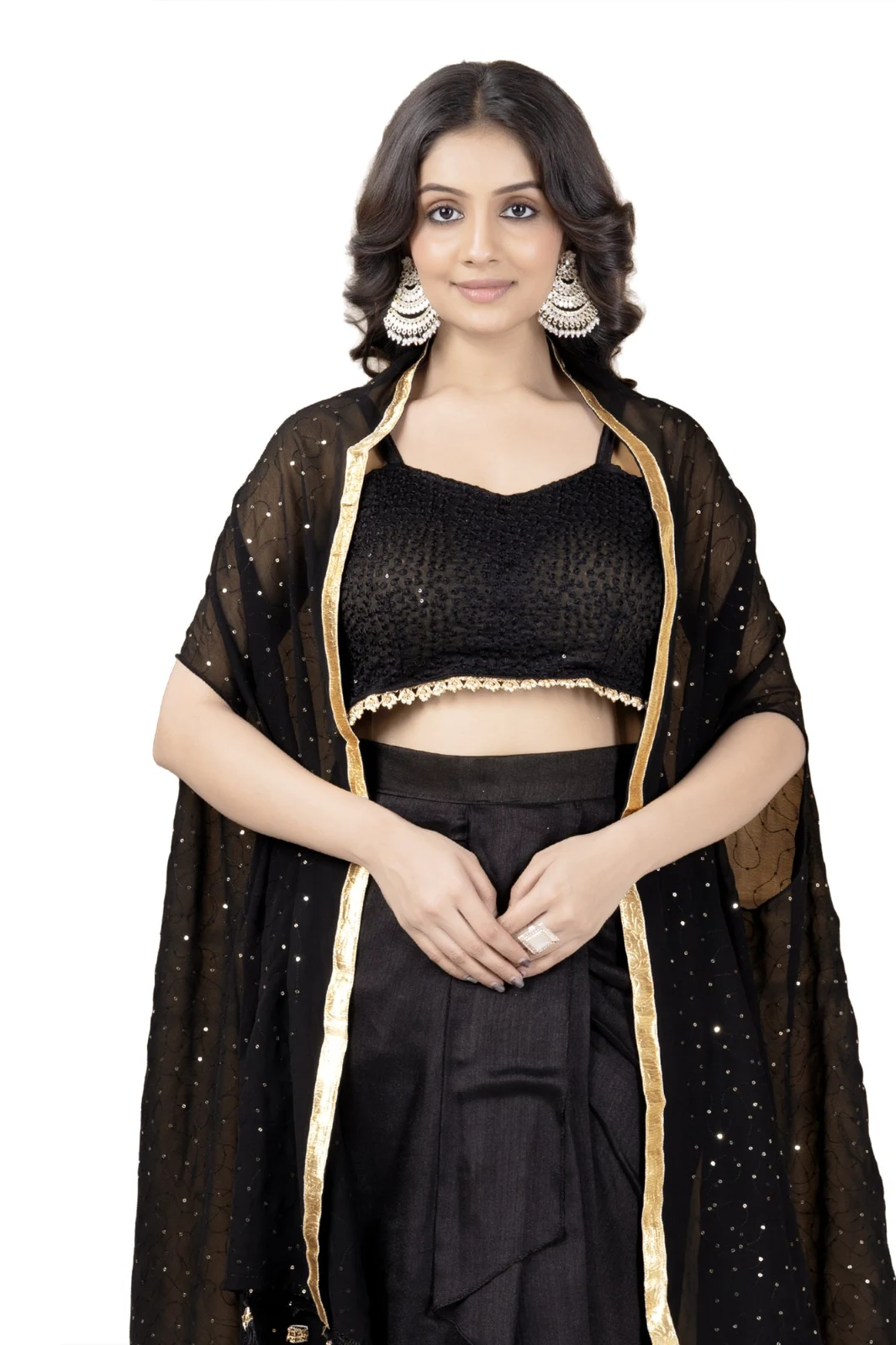 Women’s Black Sequin Dhoti Choli Set with Golden Border Dupatta | Navratri & Party Wear