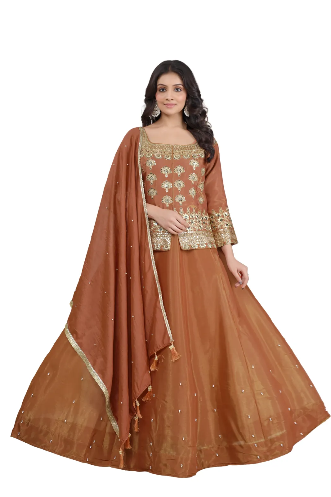 Women’s Rust Copper Embroidered Lehenga Choli Set with Sequin Work & Dupatta | Wedding Wear