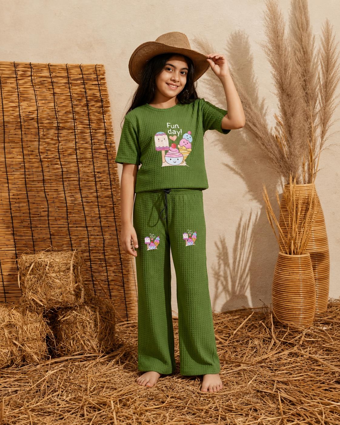 Girls Olive Green Printed Nightwear Set | T-Shirt & Full-Length Pajama